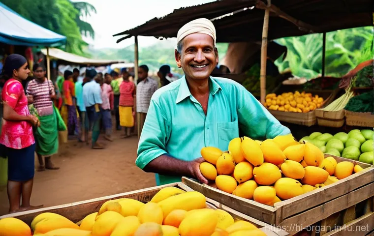 유기농업 연봉 상승 전략 - **Prompt:** A vibrant, sun-drenched scene at a bustling Indian organic farmer's market. A confident,...