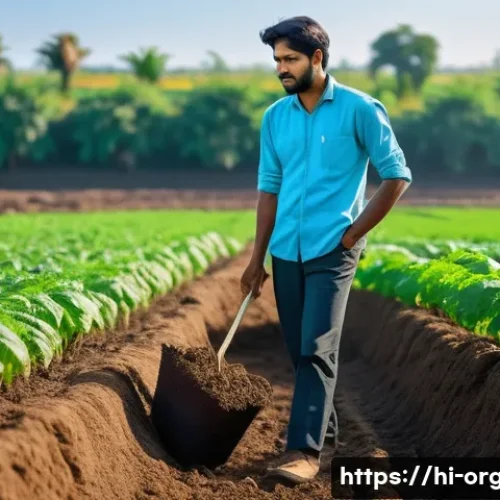 유기농업 자격증 시험 응시 자격 - A young Indian farmer wearing simple, modest traditional clothing and sturdy shoes, working attentiv...