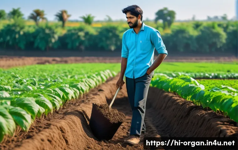 유기농업 자격증 시험 응시 자격 - A young Indian farmer wearing simple, modest traditional clothing and sturdy shoes, working attentiv...
