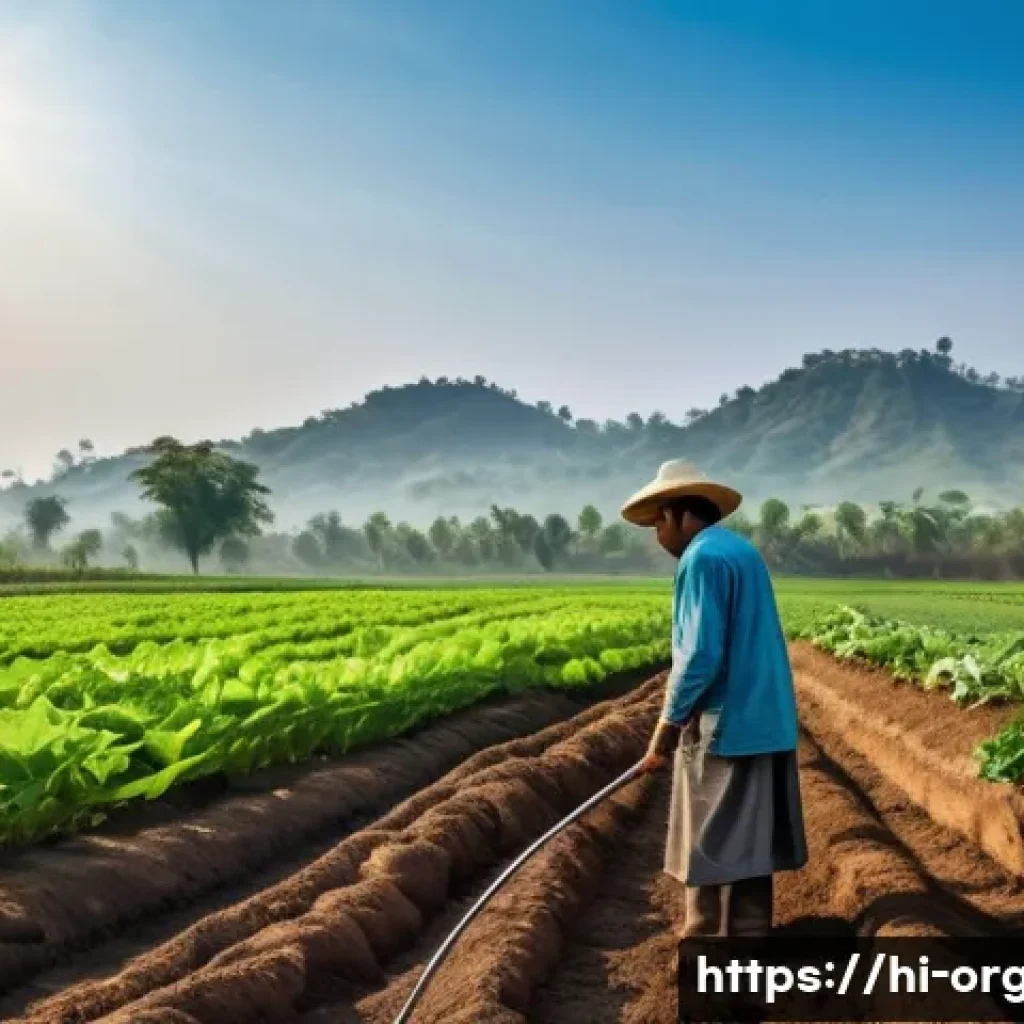 유기농업 분야 취업 전략 - A vibrant organic farm scene in India during early morning light, showing a skilled farmer wearing t...