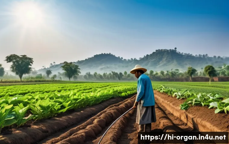 유기농업 분야 취업 전략 - A vibrant organic farm scene in India during early morning light, showing a skilled farmer wearing t...
