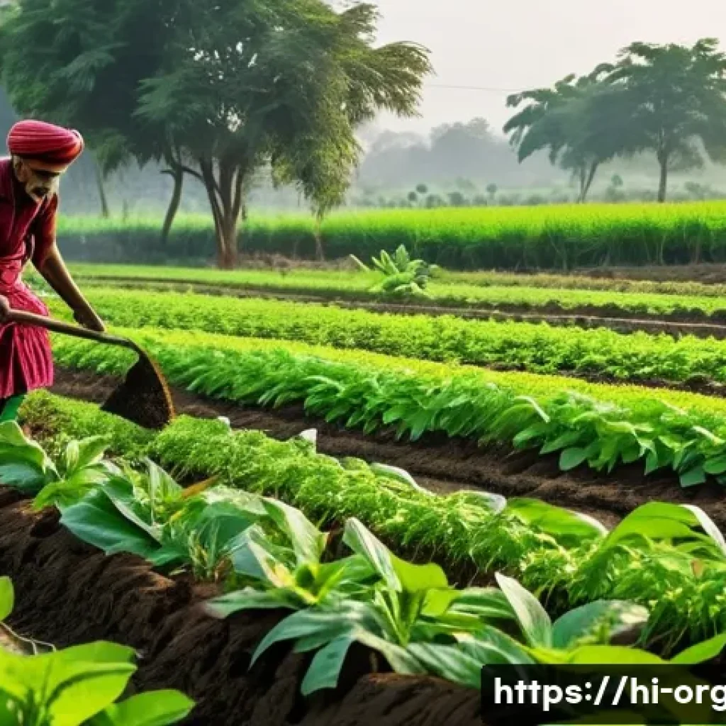 유기농업 업무사례 분석 - A vibrant organic farm scene in rural India, showcasing farmers applying natural compost and cow dun...