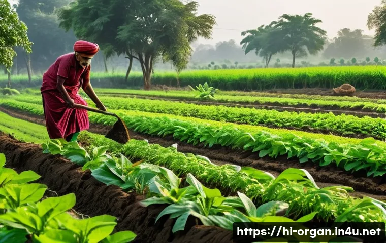 유기농업 업무사례 분석 - A vibrant organic farm scene in rural India, showcasing farmers applying natural compost and cow dun...