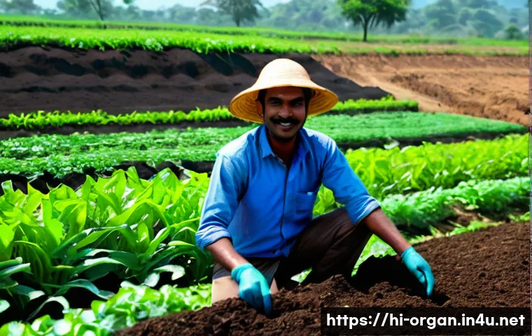유기농업 경력 개발 - A vibrant organic farm scene in rural India showcasing a young Hindi-speaking farmer wearing traditi...