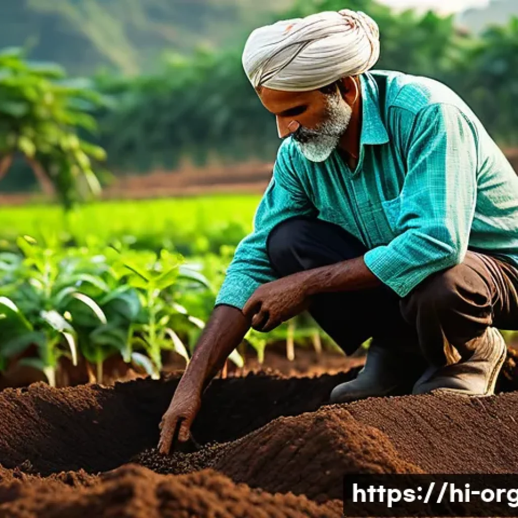 유기농업 자격증 취득 후 업무 변화 - A vibrant organic farm scene in rural India during daylight, showing a farmer in traditional attire ...