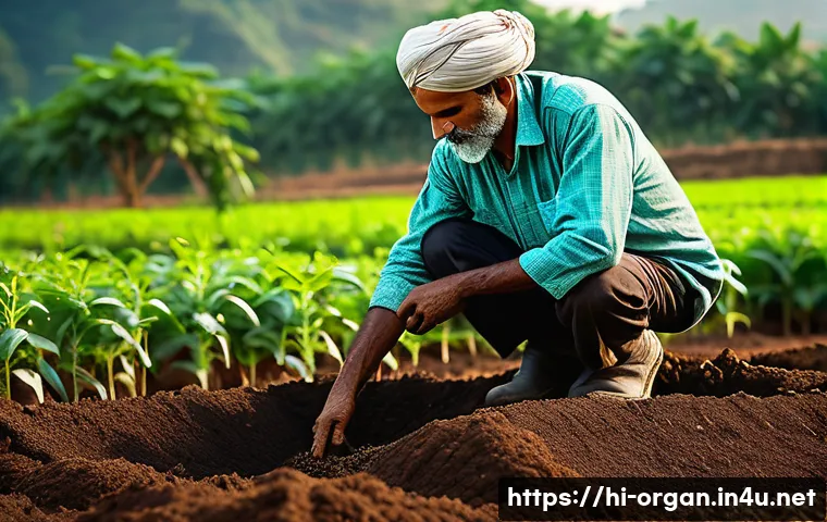 유기농업 자격증 취득 후 업무 변화 - A vibrant organic farm scene in rural India during daylight, showing a farmer in traditional attire ...