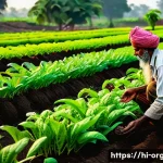 Home 21 유기농업 연봉 상승을 위한 전략 - A vibrant organic farm scene in rural India during early morning light, featuring a farmer selecting...