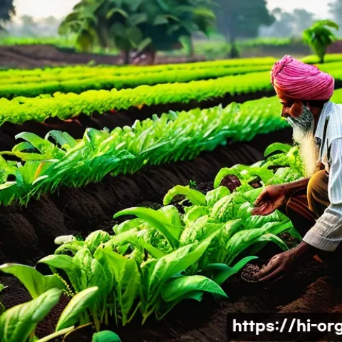 Home 33 유기농업 연봉 상승을 위한 전략 - A vibrant organic farm scene in rural India during early morning light, featuring a farmer selecting...
