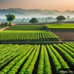 Home 19 유기농업 분야 진로 - A vibrant organic farm in India during early morning light, showcasing diverse crops growing in rich...