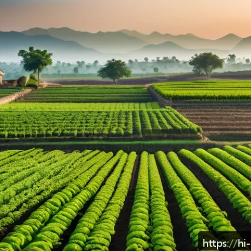 Home 31 유기농업 분야 진로 - A vibrant organic farm in India during early morning light, showcasing diverse crops growing in rich...