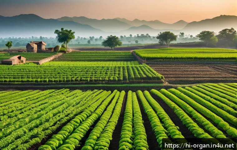 유기농업 분야 진로 - A vibrant organic farm in India during early morning light, showcasing diverse crops growing in rich...