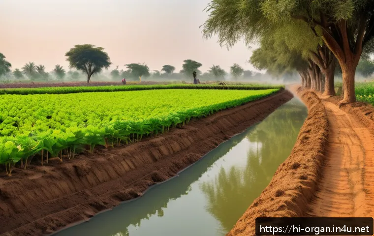 유기농업 자격증 시험 준비 - A vibrant organic farm scene in rural India during early morning light, showcasing farmers wearing t...