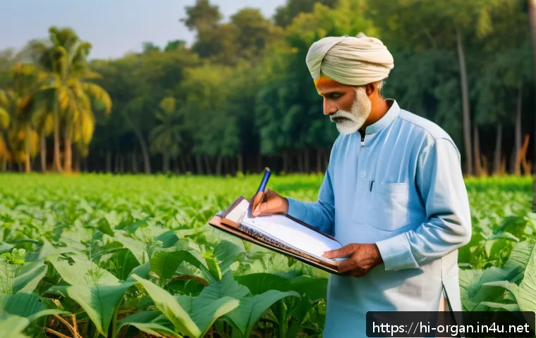 유기농업 자격증 취득과 경력 - A vibrant organic farm scene in rural India during early morning light, featuring a middle-aged male...
