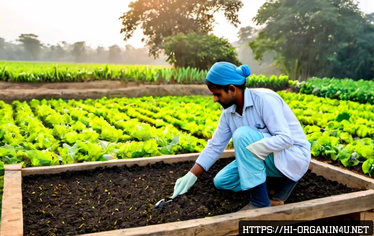 유기농업 실기 시험 - Photorealistic practical organic farming examination scene in rural India, a focused adult trainee w...
